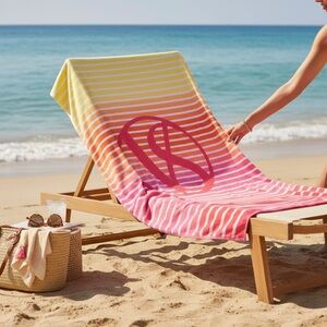 Victoria’s Secret Ombre Beach Towel with Pink Yellow Stripes and Monogram